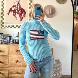 SHEEP BY NEXT ERA USA AMERICAN FLAG BLUE TURTLE NECK SWEATER WOMENS SIZE MEDIUM